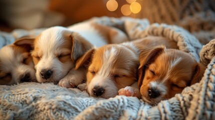 A litter of puppies napping together in a cozy bed, with soft lighting and a warm atmosphere, midday light