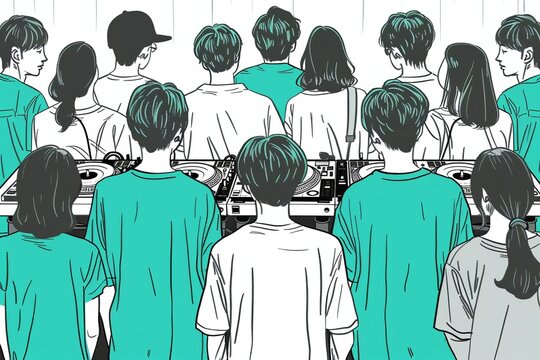 Diverse crowd facing a DJ booth at a lively festival emphasizing unity and vibrant energy