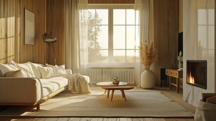 Fototapeta premium cozy scandinavian living room with fireplace