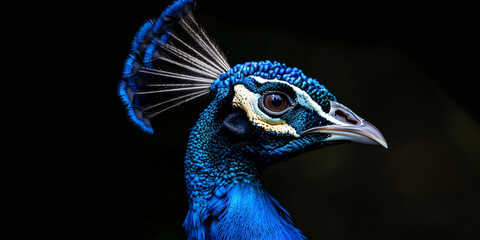 Blue peacock in black background, head close-up