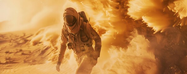 Man in sandsuit braving an incoming desert sandstorm.