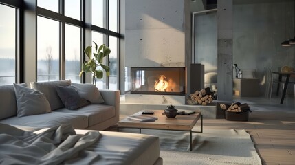 Fototapeta premium Fireplace, light sofa, coffee table. Scandinavian style home interior design of modern living room