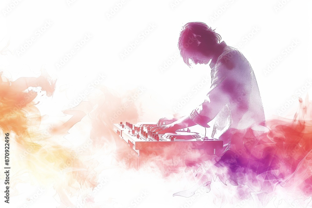 Poster dj mixing music with an abstract colorful background creating a surreal and vibrant atmosphere