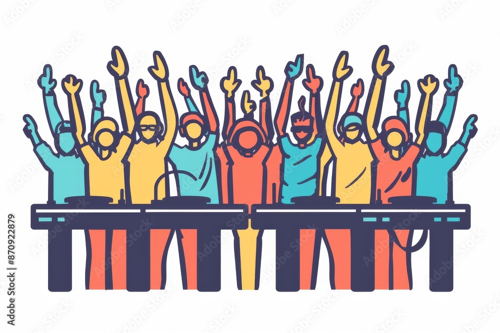 Poster stylized illustration of diverse djs performing with raised hands in a lively colorful setting