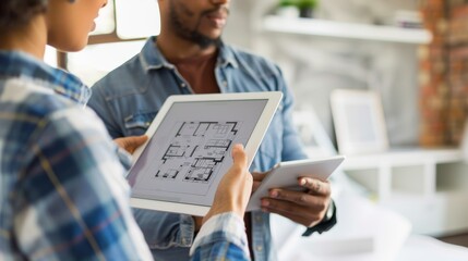 Couple using tablet pc and analyzing blueprint for renovation at new home