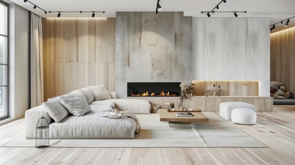Fireplace, light sofa, coffee table. Scandinavian style home interior design of modern living room