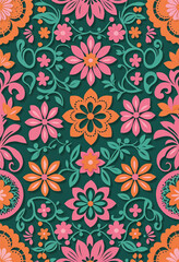 a colorful pattern design of pape picado in a green background with pink and orange flowers