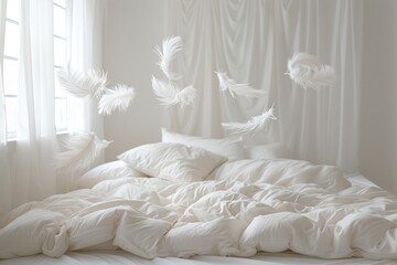 pillows flying over the bed in white room. ai generative