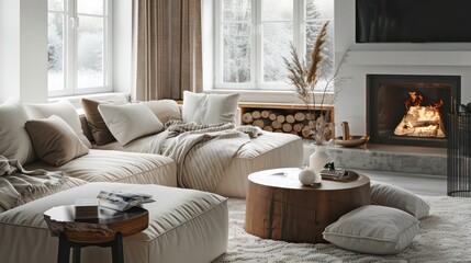 Fototapeta premium Fireplace, light sofa, coffee table. Scandinavian style home interior design of modern living room