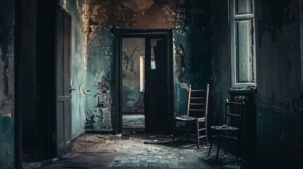 Fototapeta premium A abandoned room, darkness, fear, shabby walls.