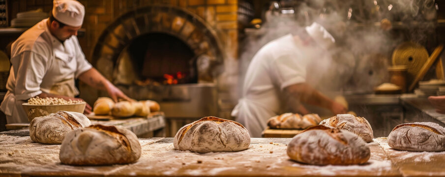 A bakery kitchen in action, with bakers shaping dough into loaves and placing them into a large, traditional brick oven. The scene conveys the skill and craftsmanship involved in artisan bread-making,