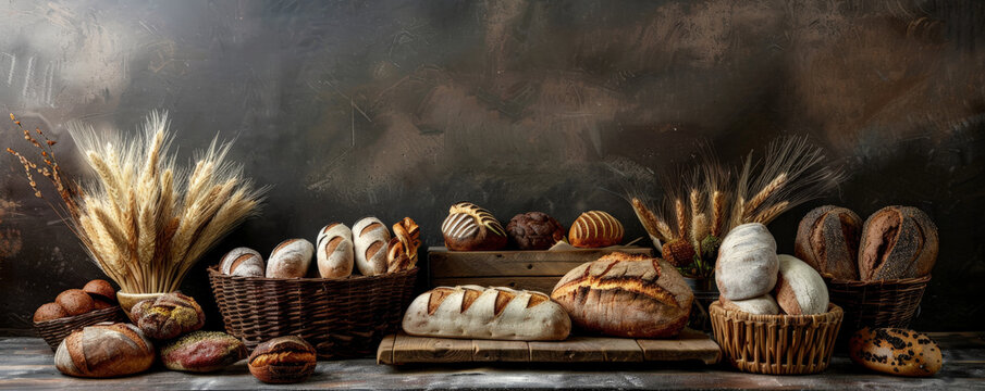 A beautifully arranged display of various bread types in a bakery setting. The background is a dark, textured wall with ample copy space, creating a warm and inviting atmosphere.