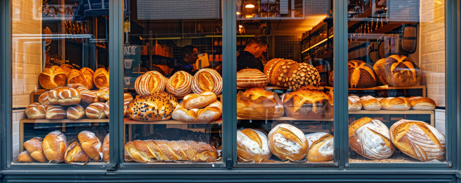 A bakery storefront with large windows showcasing a colorful array of freshly baked breads. The scene captures the essence of a busy morning rush, with customers admiring the displayed loaves and the