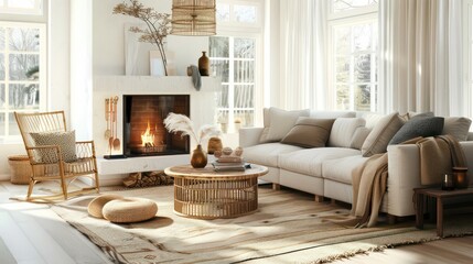 Fototapeta premium Fireplace, light sofa, coffee table. Scandinavian style home interior design of modern living room