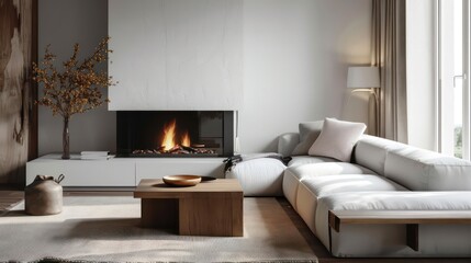 Fototapeta premium Fireplace, light sofa, coffee table. Scandinavian style home interior design of modern living room