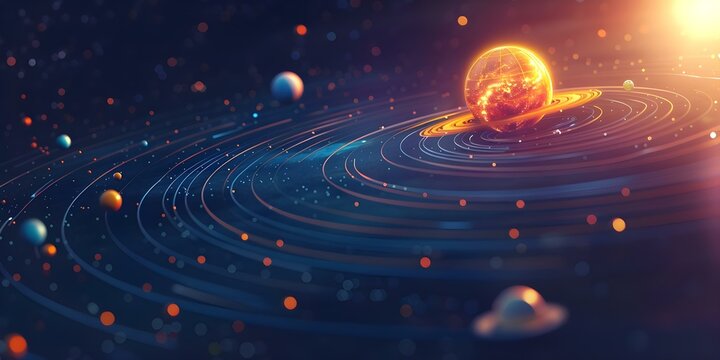 Cartoon representation of solar system with orbiting celestial bodies and satellites. Concept Illustration, Cartoon, Solar System, Celestial Bodies, Satellites