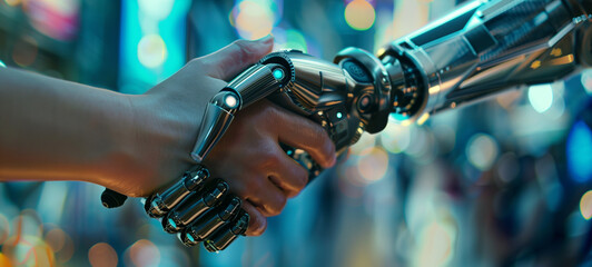 Future Partnership in Technology - Human and Robot Hands Shaking Against Technological Background