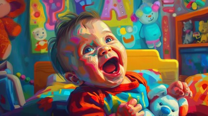 Joyful Baby Laughing in Vibrant Room