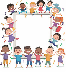 A frame with kids singing in a choir around the border of an empty white rectangle. Clip art style, vector illustration. 
