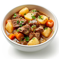 A bowl of Irish stew, with tender lamb, potatoes, carrots, and onions in a rich broth, garnished with fresh parsley, isolated on white background.