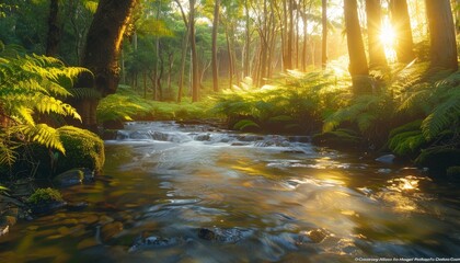 A lush forest with a clear stream flowing through it, vibrant green foliage and the soft glow of sunlight filtering through the trees