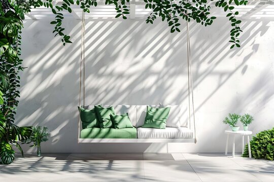 A white swing is suspended from a white wall