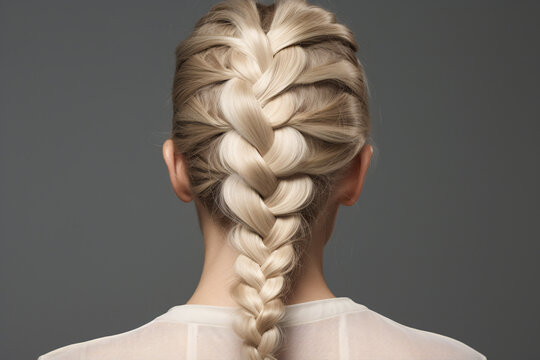 Back view of french braid plaited hairstyle of blond woman