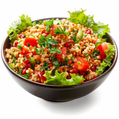 A bowl of Turkish kisir, bulgur salad with tomatoes, parsley, and pomegranate molasses, served with lettuce leaves, isolated on white background.