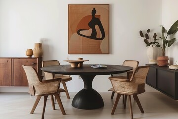 Fototapeta premium A black round table with four chairs around it and a painting on the wall