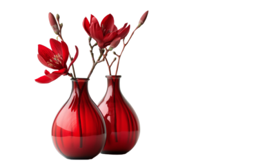 red tulips in red vase on transparent background