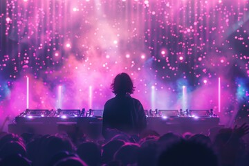 DJ performing on stage with vibrant pink and purple lights creating a dynamic and energetic club atmosphere