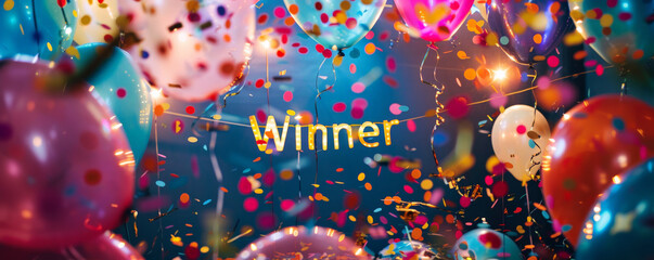 A celebratory banner with "Winner" written in bold letters, surrounded by confetti, balloons, and streamers. The background is filled with sparkling lights and a festive atmosphere.