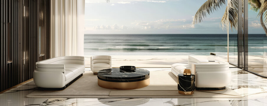 A chic podium with modern furniture on a fashionable beach. Use sleek lines, minimalist design, and a sophisticated color palette of black, white, and gold.