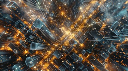 Visualize the inner workings of a neural network as a sprawling metropolis, with neurons and synapses transformed into buildings, roads, and bridges
