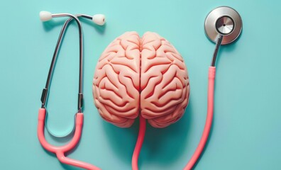 Minimalist stethoscope concept with human brain mockup isolated on pastel blue background. Health or pathological condition of the human brain, diagnosing diseases of the nervous system.