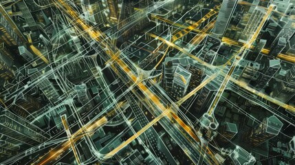 Visualize the inner workings of a neural network as a sprawling metropolis, with neurons and synapses transformed into buildings, roads, and bridges