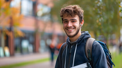Fototapeta premium Smiling young male student with backpack and books on a university campus, autumn season, educational environment.