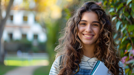 Happy young woman with curly hair holding books outdoors, smiling, college campus background, natural sunlight.