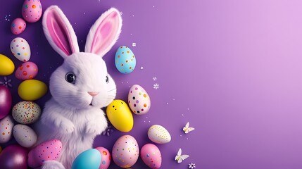 Obraz premium white Easter bunny with colorful eggs in decorated on the background with empty space isolated on the purple background 