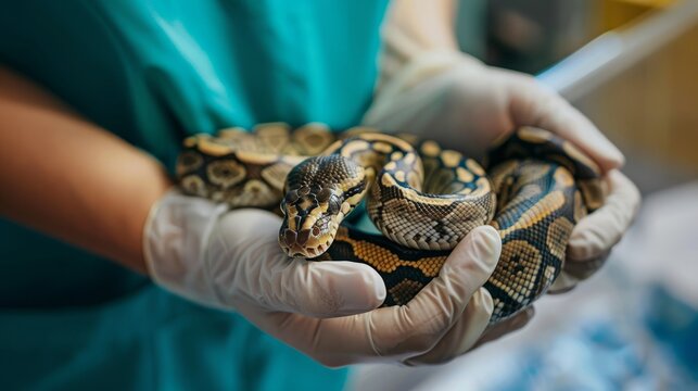 Veterinarian performing a health check on a curled ball python