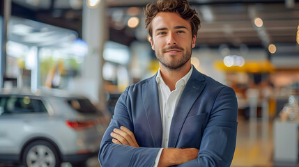 Fototapeta premium Confident young professional in a car dealership showroom. Businessman standing with arms crossed, smiling and looking at the camera
