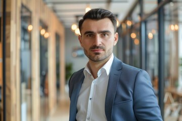 Fototapeta premium confident business man financial expert formal clothes looking at camera at office. ai generative