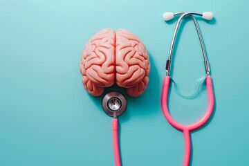 Minimalist stethoscope concept with human brain mockup isolated on pastel blue background. Health or pathological condition of the human brain, diagnosing diseases of the nervous system.
