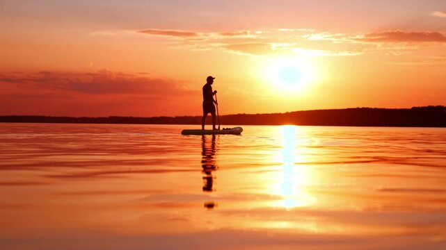 Lonely man going sup boarding on the river at sunset. Orange sky and waterscape with black silhouette of a man rowing on sup board.