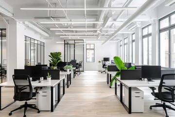 business office work interior computer room corporation modern design desk chair window space table empty furniture floor technology