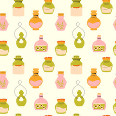 childrens cute background. Witchs Potion. Witchcraft and magic seamless pattern on a light background