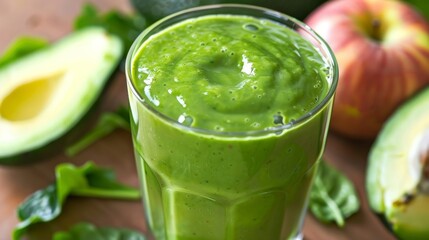 Fototapeta premium Fresh Avocado Green Apple Smoothie with Lime and Basil. Green Smoothie with Avocado and Apple