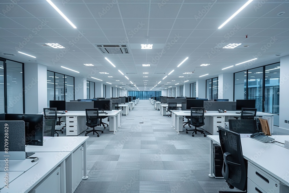Poster an empty modern office with white walls and light grey carpeted flooring, featuring rows of desks ar