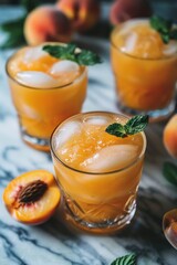 Fototapeta premium Peach Moonshine. Peach iced tea with ice cubes in a glass on a wooden table.