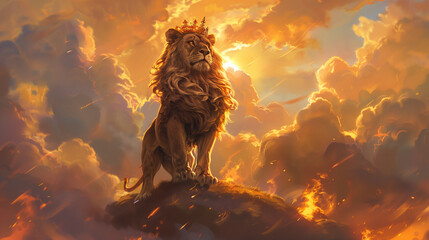 Lion of Judah with Crown in Fiery Skies - Majestic Symbol of Strength, Power, and Royalty
